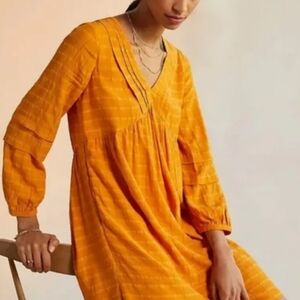 ANTHROPOLOGIE Maeve Pintucked Collar V-neck Mini Dress size Sm Gold/Yellow